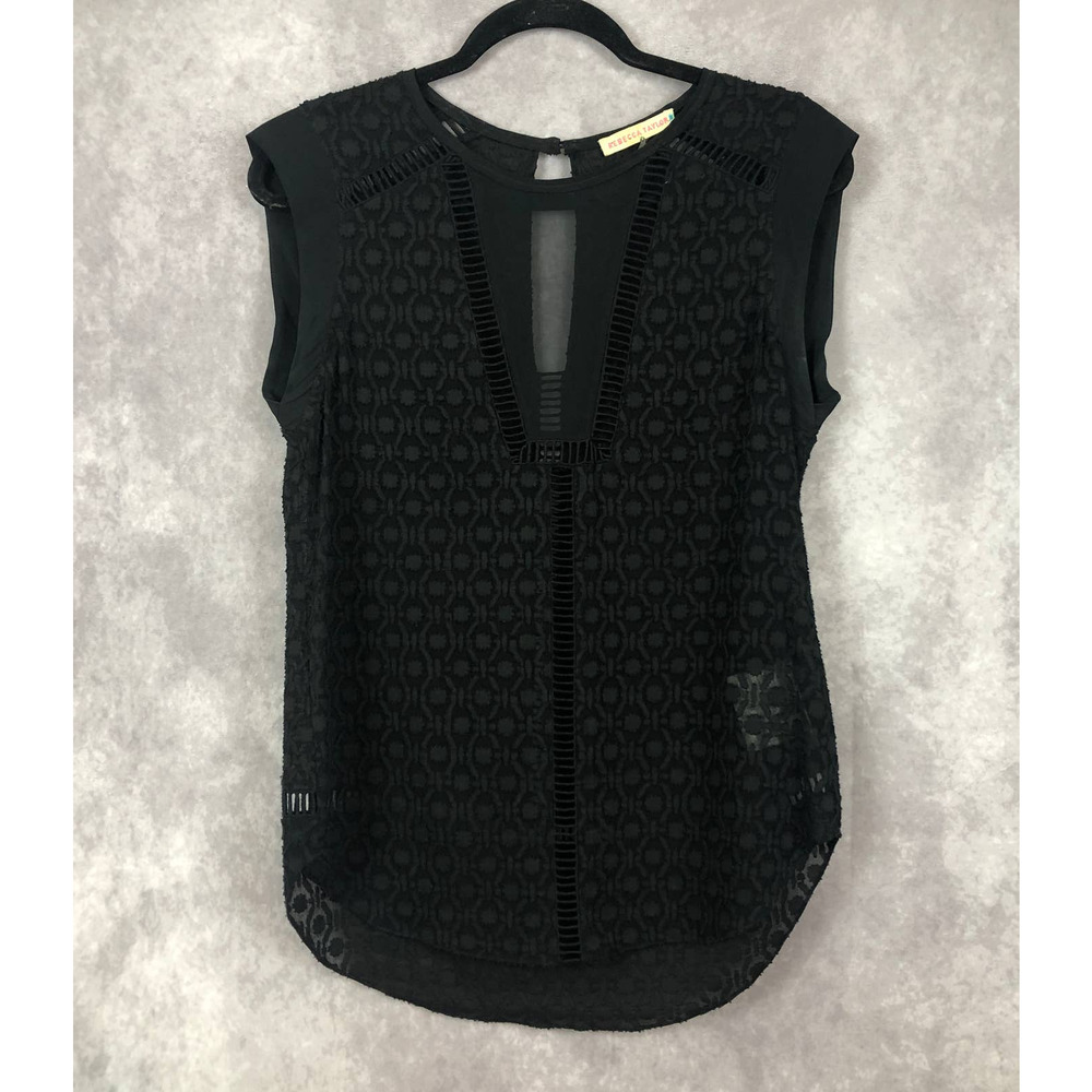 Rebecca Taylor Geo Dot Clip Chiffon Blouse Sheer Black Tunic Top Size 2